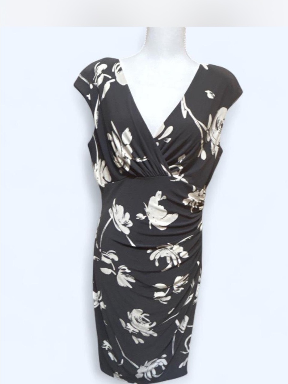Lauren Ralph Lauren Black & White Floral Faux-Wrap Midi Dress
